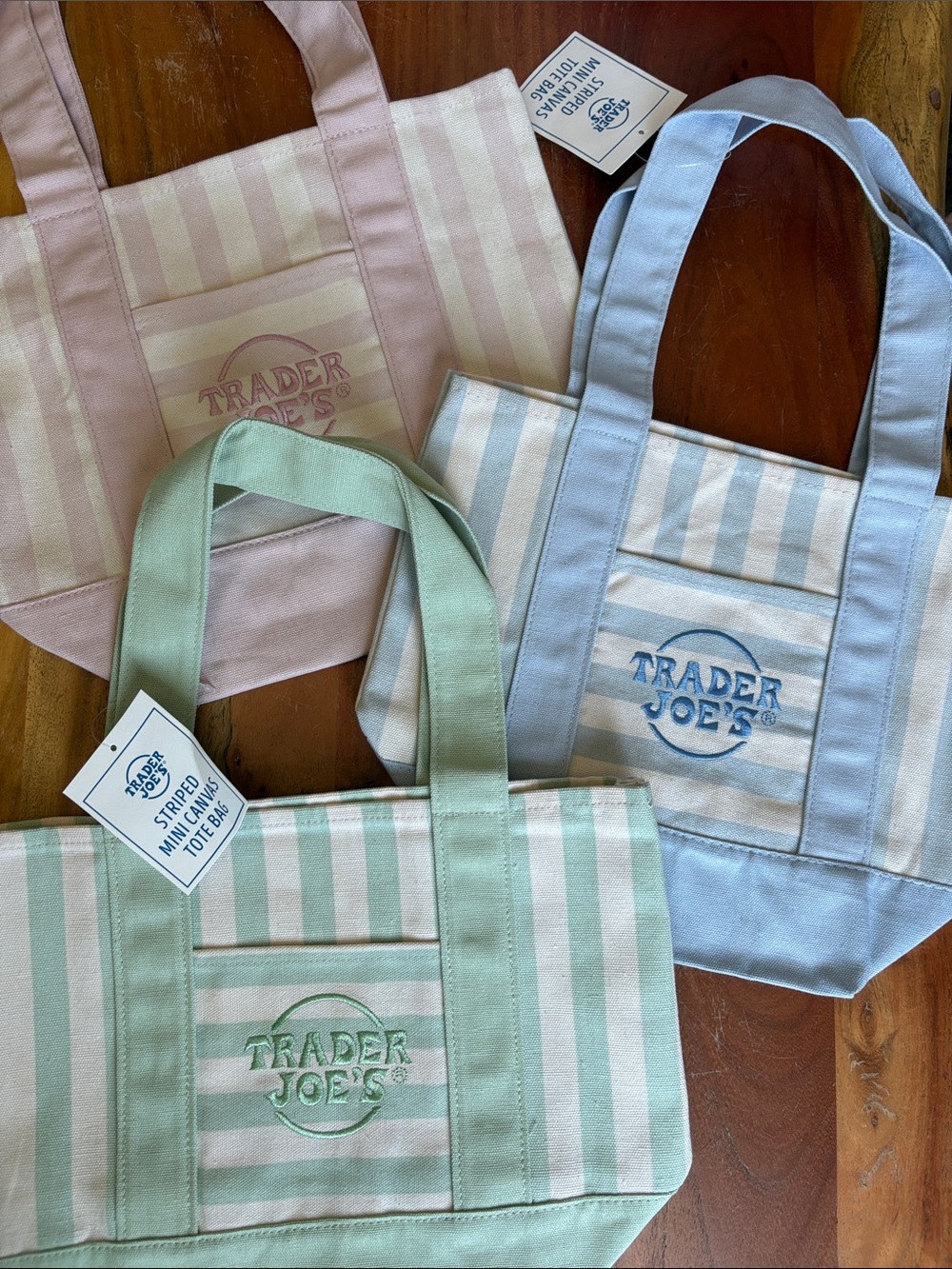 Trader Joe’s Striped Mini Canvas Tote Bags - Set of 3 - Blue, Pink, Green
